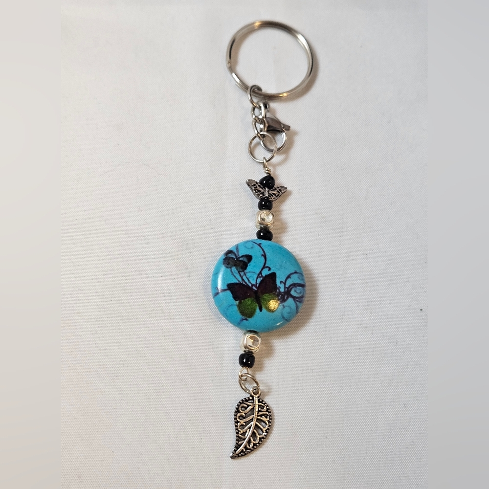 Hand Crafted Butterfly and Leaf Charm Keychain Unique Beaded Accessory